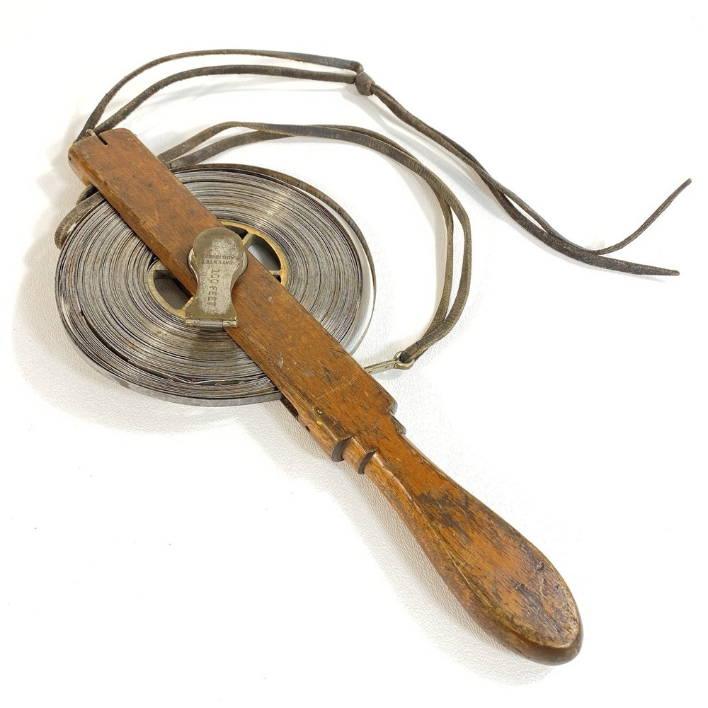 Antique Surveyor Steel 100 foot Tape Measure Wood Handle Rustic Industrial Tool